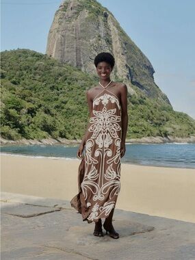 Farm Rio Brown Halter Maxi Dress with White Embroidered Pattern
